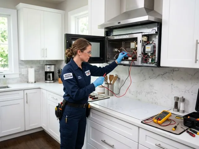 Appliance Repair Hero technician testing an over-the-range microwave in a Braselton, GA kitchen